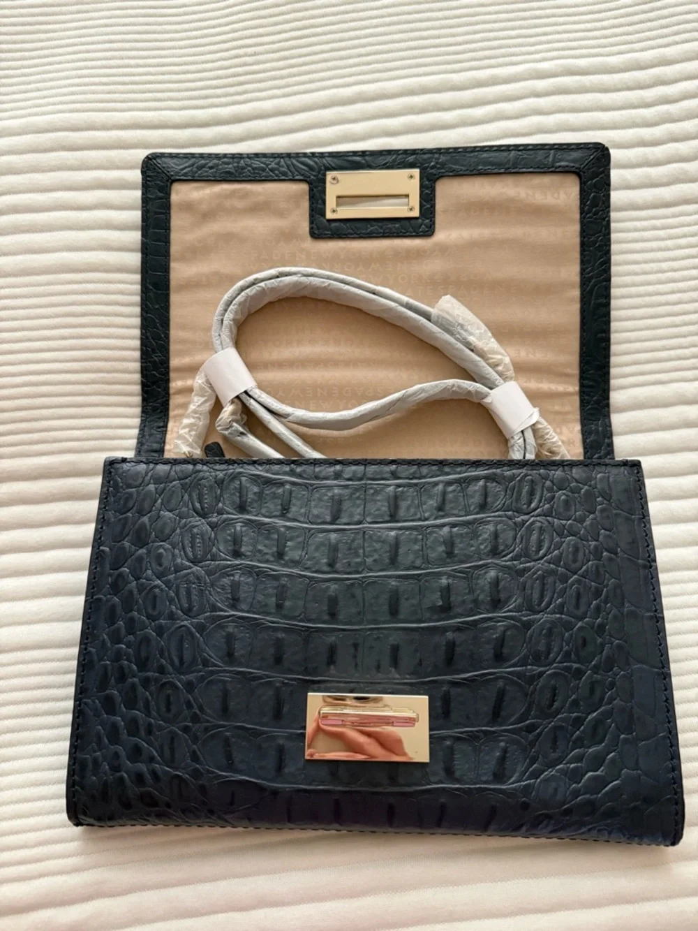 New kate spade Croc-Embossed Leather Flap Clutch with Gold Hardware